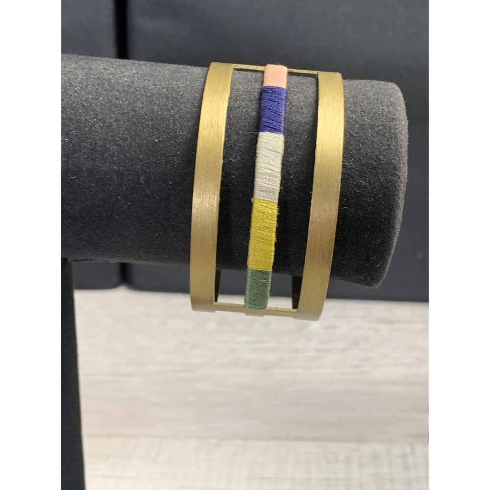Brushed Gold Tone Multi Color Thread Wrap Triple Band Cuff Bracelet 7 Inch